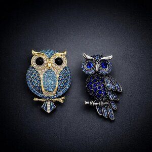 Set of 2 Owl Brooches Blue Rhinestones Pins Vintage Style